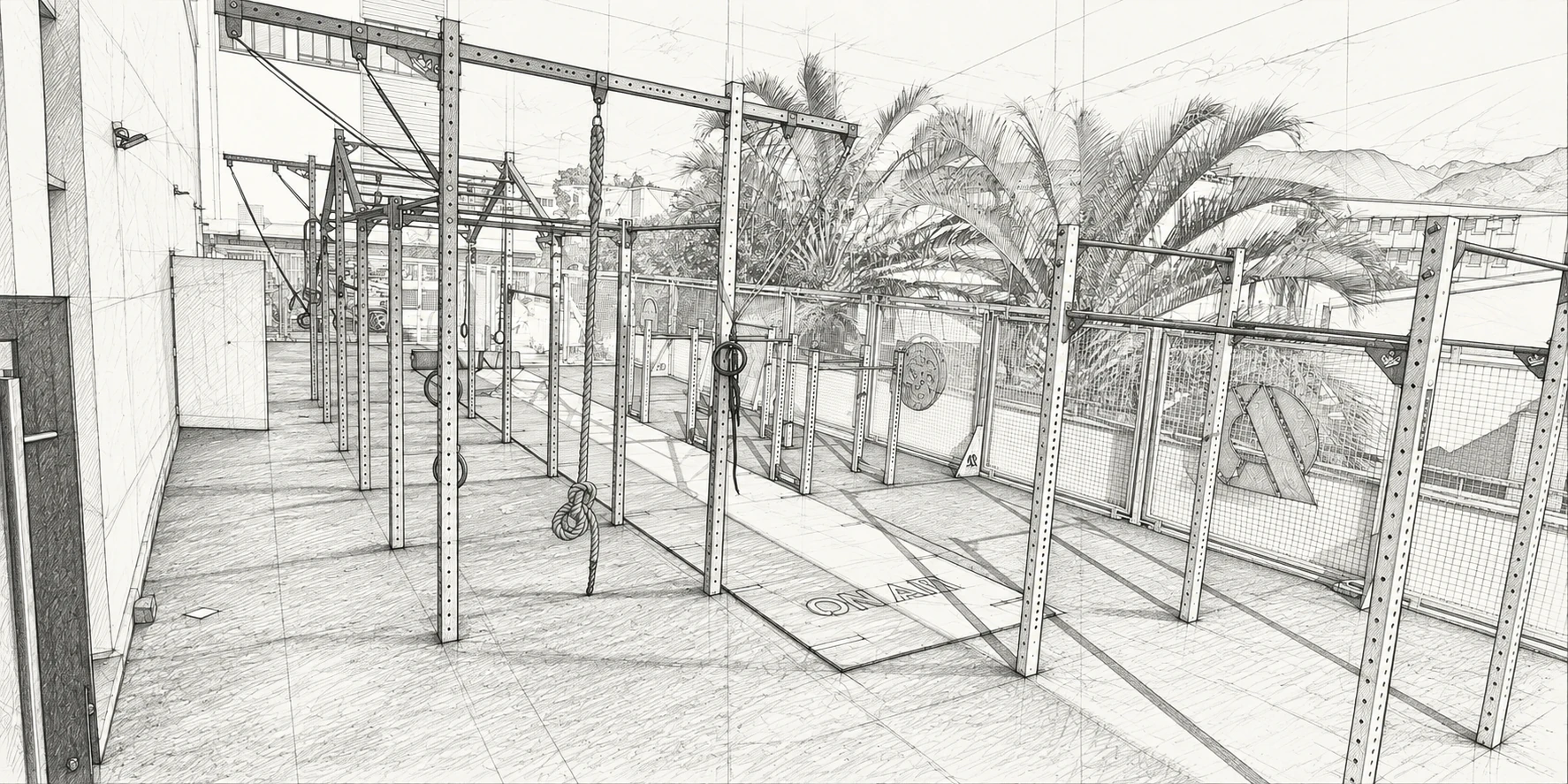Three-dimensional wireframe of a sports facility, before construction.