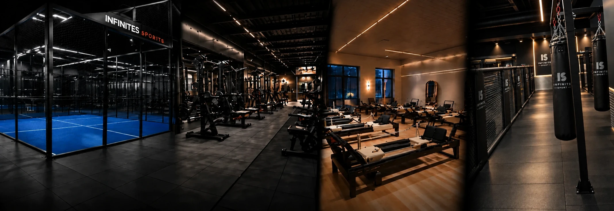 Four spaces delivered by Infinite Sport: a padel court, a weights floor, a pilates studio and a combat sports room.