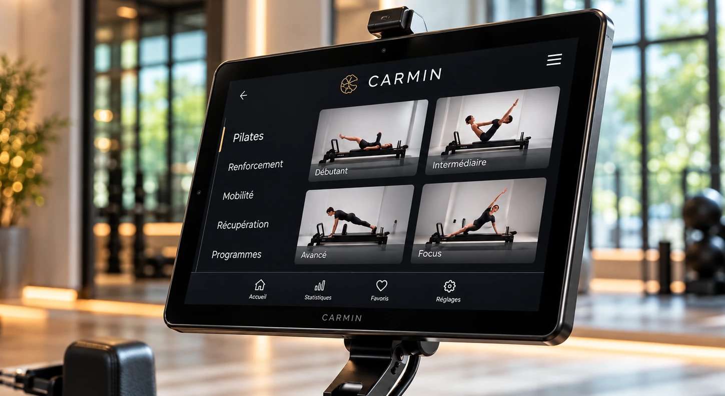 The Carmin console showing the programme menu: pilates, strength, mobility, recovery.