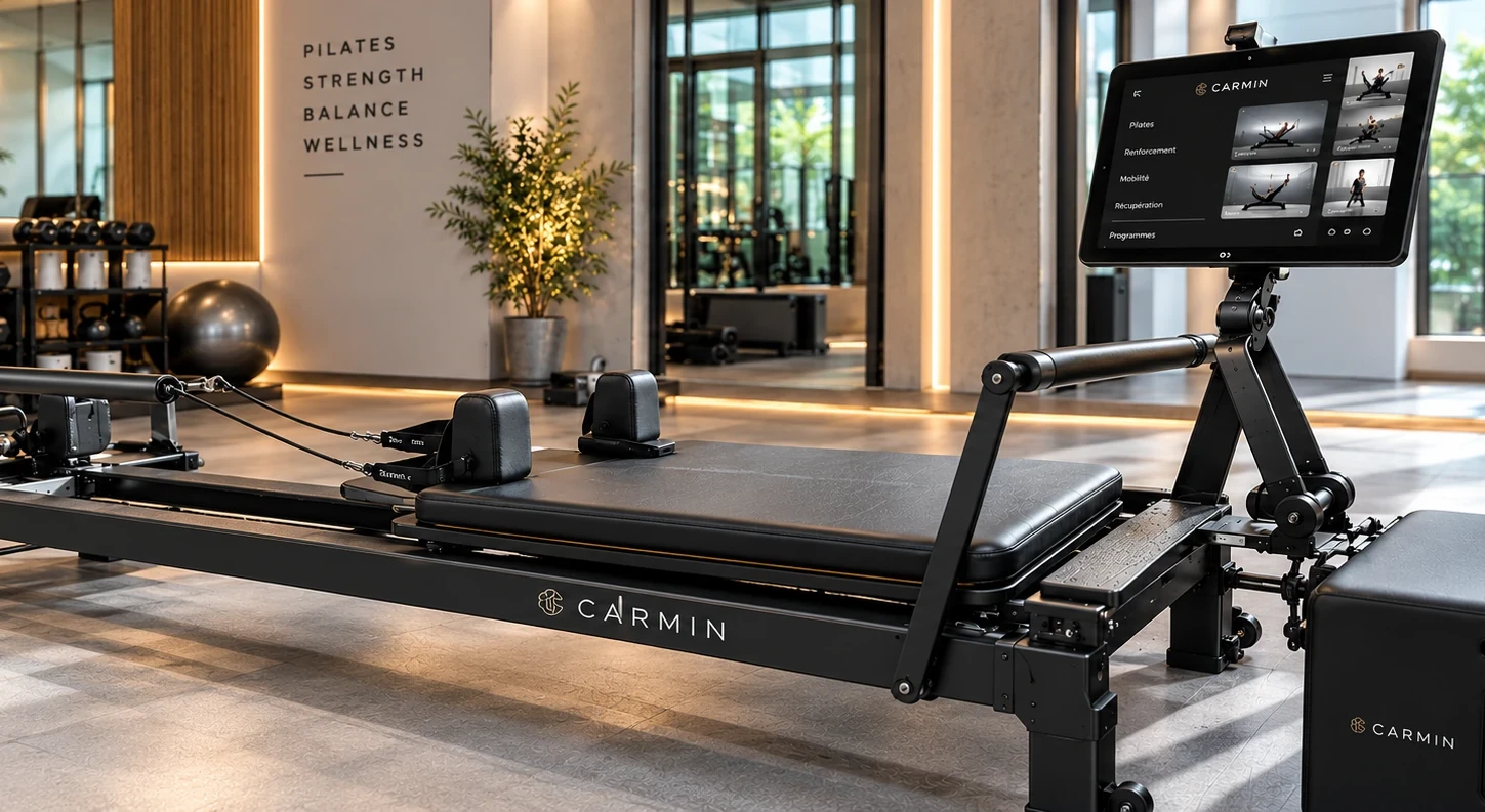 A Carmin reformer in a pilates studio, connected console mounted on the arm.