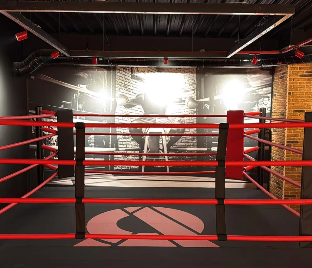 A kickboxing ring with red ropes in a dark gym.